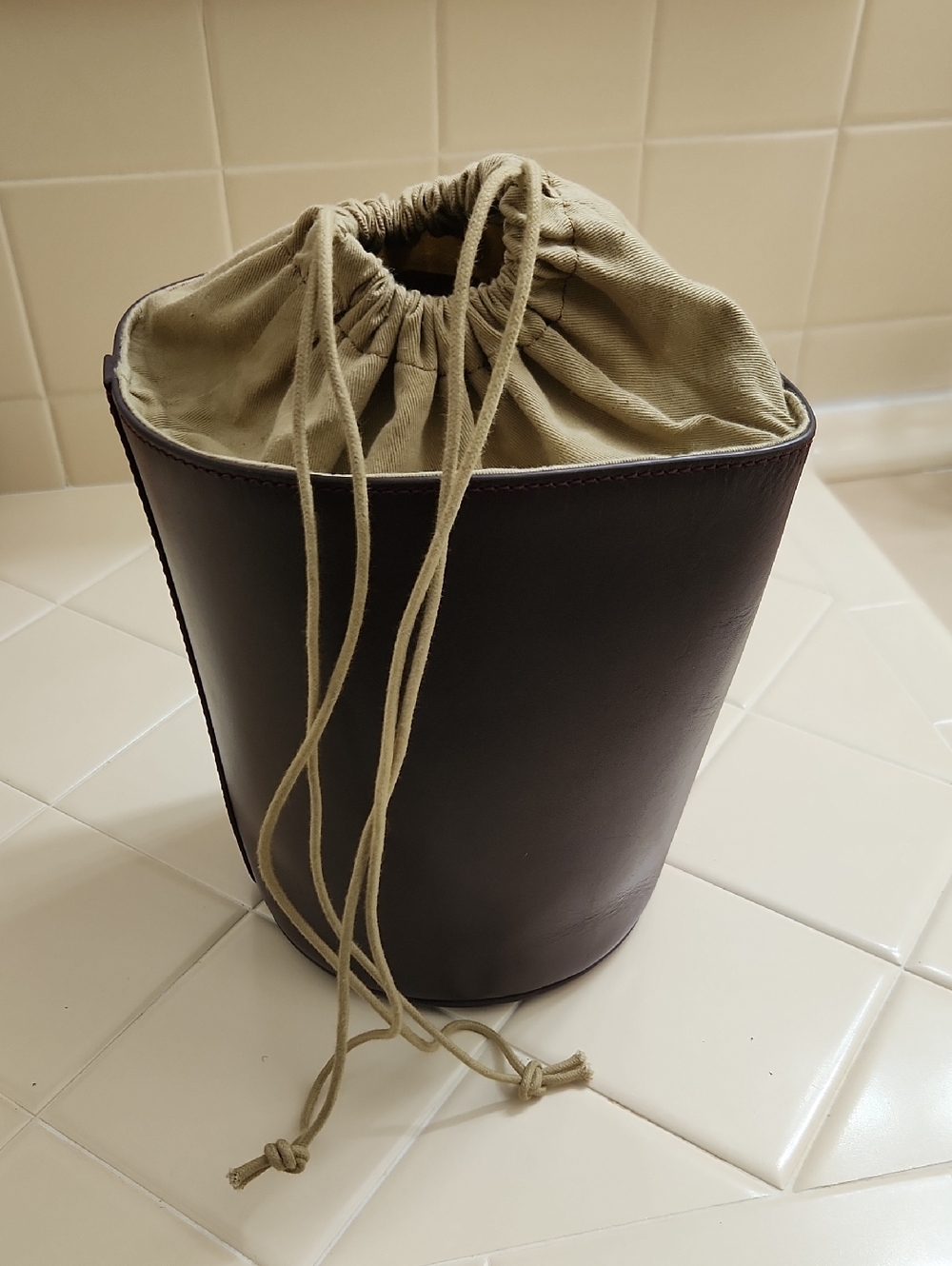 Ladies J. Crew Ox Blood Brown Leather Drawstring Bucket Bag